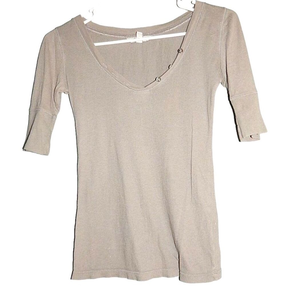 Aeropostale Women's Juniors Small Gray Ribbed Stretch 3/4 Sleeve Button V‑Neck